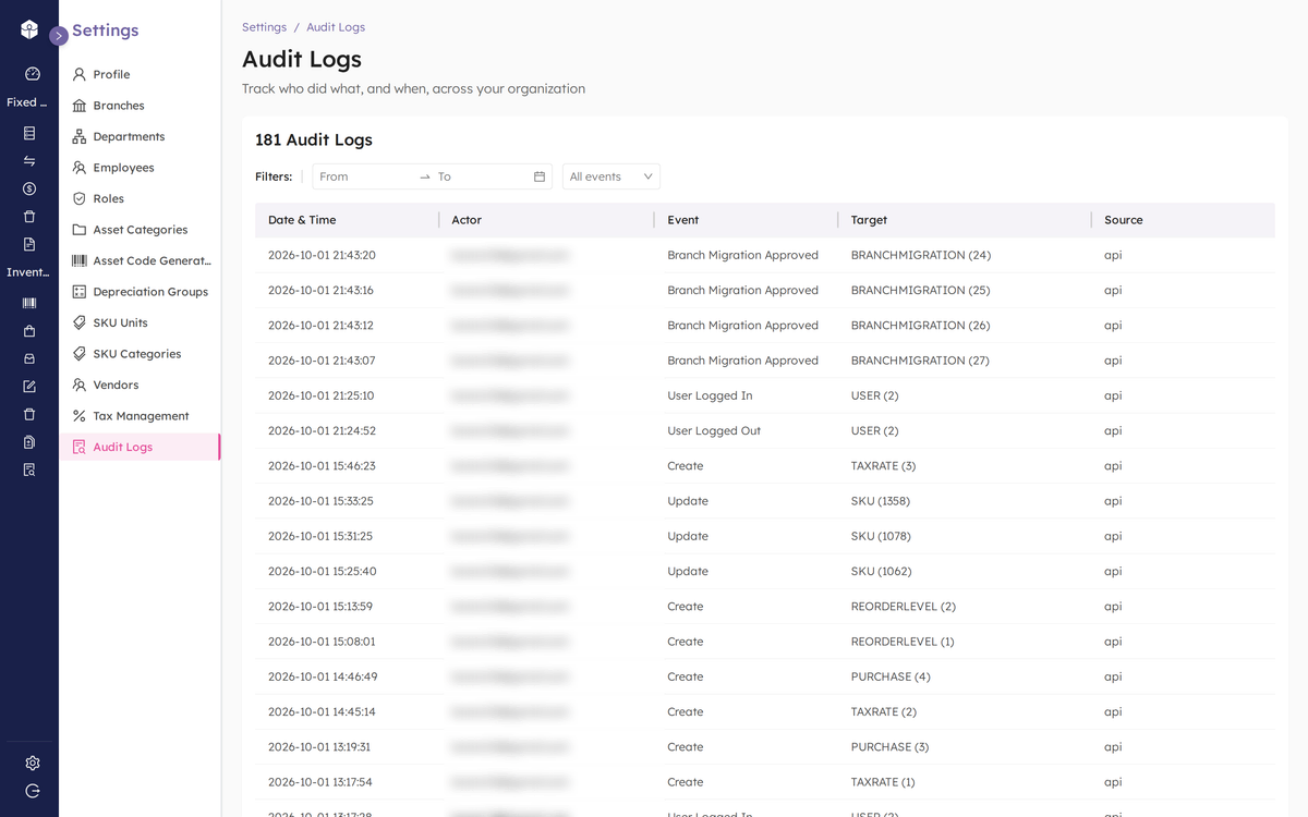 Manamuri audit logs listing events such as Branch Migration Approved with date, event, target and source