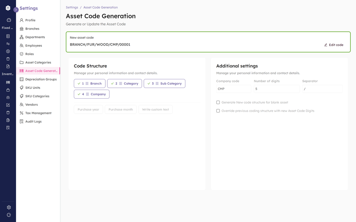 Manamuri Asset Code Generation settings showing the code structure Branch, Category, Sub Category, Company