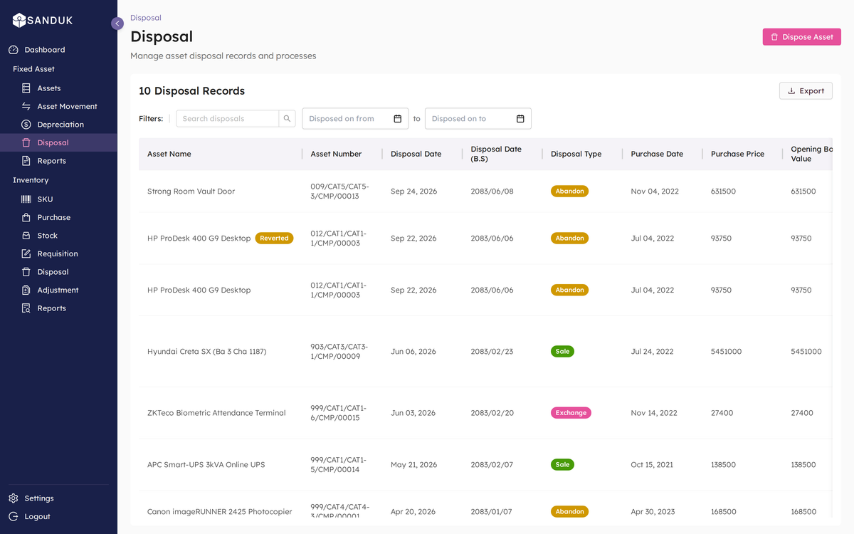 Manamuri disposal records with disposal type, purchase price and a Reverted marker